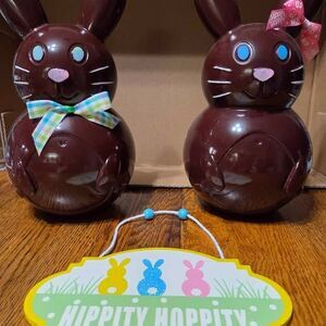 Easter decorations bundle #1 includes 2 plastic bunnies hand decorated and sign